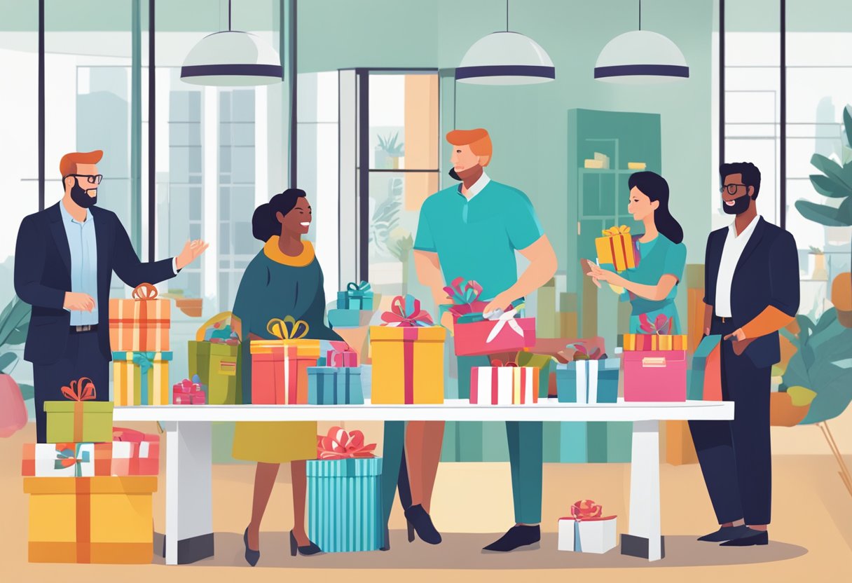 A table adorned with branded merchandise, gift baskets, and elegant packaging, surrounded by smiling corporate professionals exchanging thoughtful presents