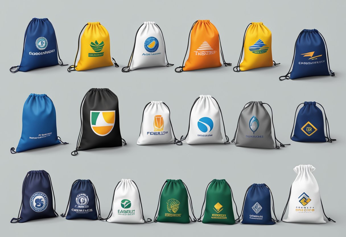 A table displays various drawstring bags with corporate logos