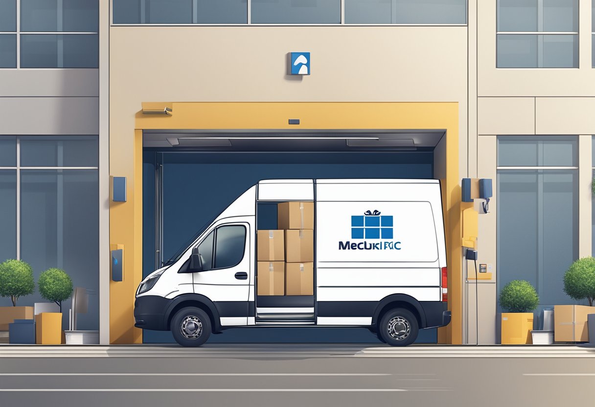 A delivery van unloading boxes of corporate gifts at an office entrance. A supplier's logo prominently displayed on the boxes