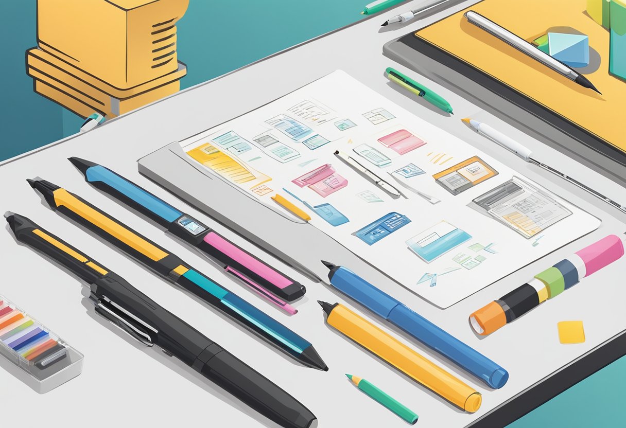 Pens, markers, and stickers cover a desk. A person's name is being written on a notebook. A custom-designed letterhead is being printed