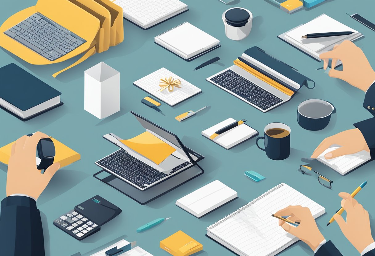 A hand reaching for a selection of high-quality corporate gifts displayed on a sleek, modern table. The gifts include branded items like pens, notebooks, and tech accessories