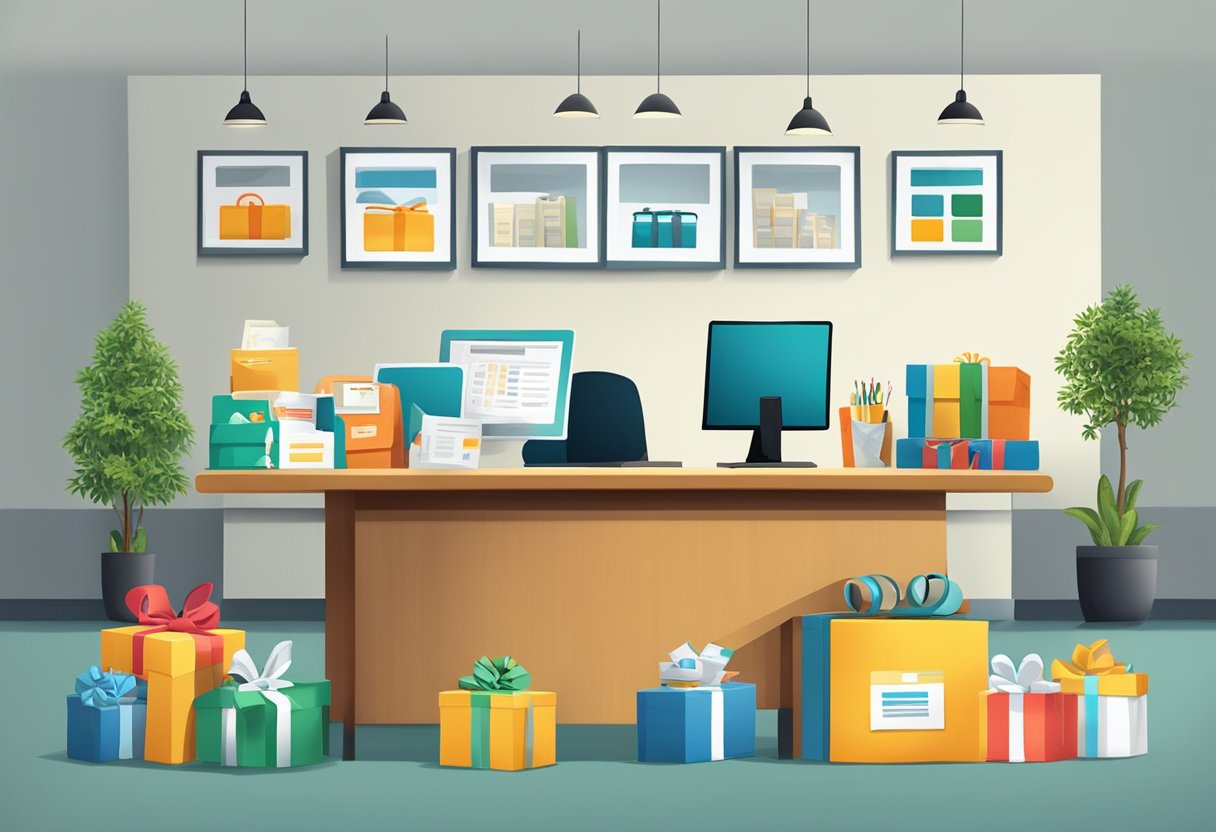 A table displaying various corporate gifts and door gifts with a sign reading "Frequently Asked Questions" in a professional office setting
