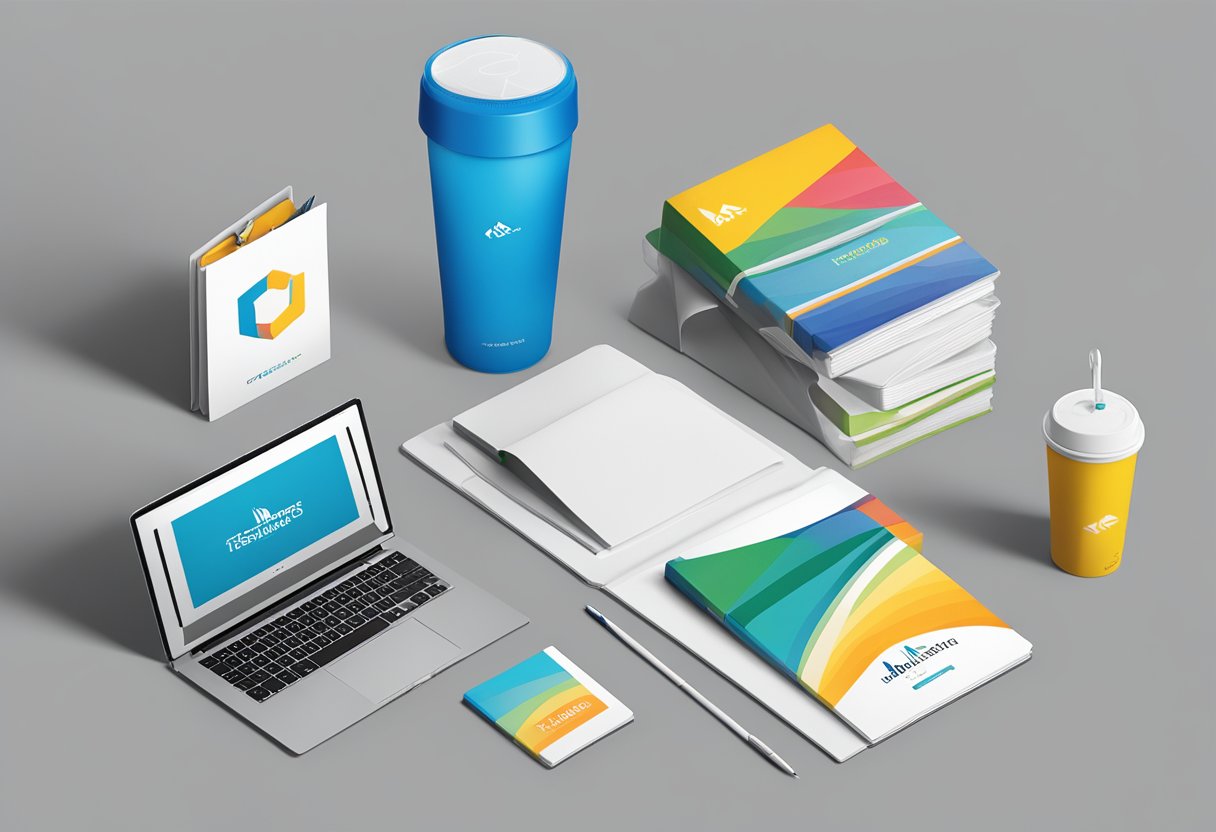 A table displays branded notebooks, water bottles, and gift bags for interns. The company logo is prominently featured on each item