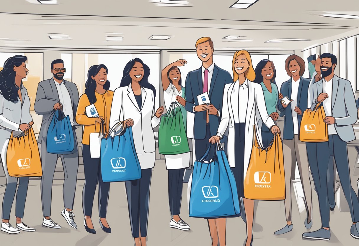 A group of employees happily receiving branded drawstring bags at a company event, showcasing the benefits of corporate gifts