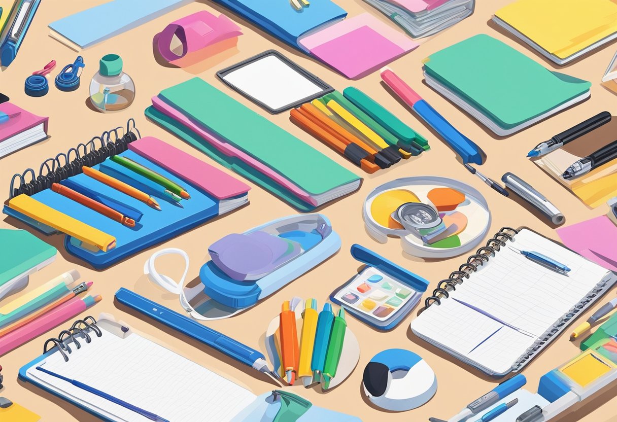 Various stationery items (pens, notebooks, stickers) arranged on a desk. A person customizing a notebook cover with a personalized design using markers and stickers