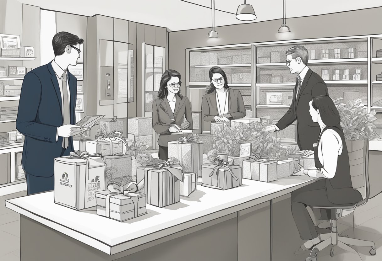 A table displays various corporate gifts with "Frequently Asked Questions" branding. Customers browse the selection, while a salesperson assists a client