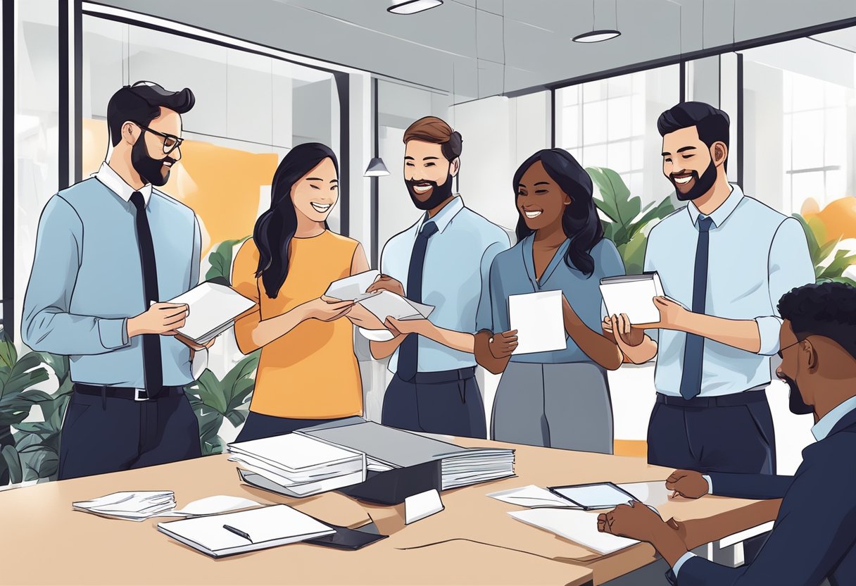 A group of interns receive branded gifts in a modern office setting, showing appreciation and recognition for their hard work and dedication