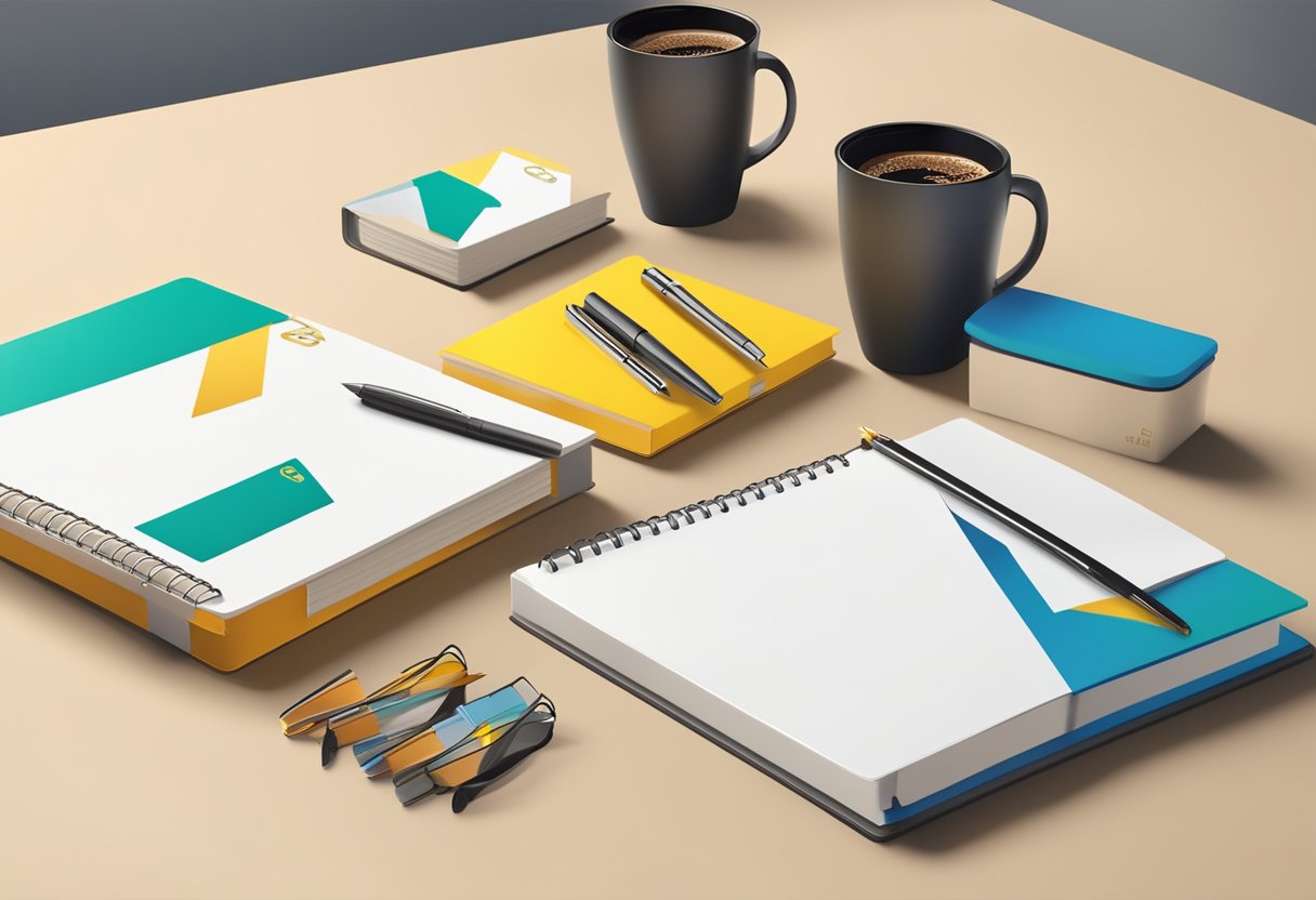 A table adorned with branded notebooks, pens, and coffee mugs. A stack of gift boxes with the company logo. Bright office setting