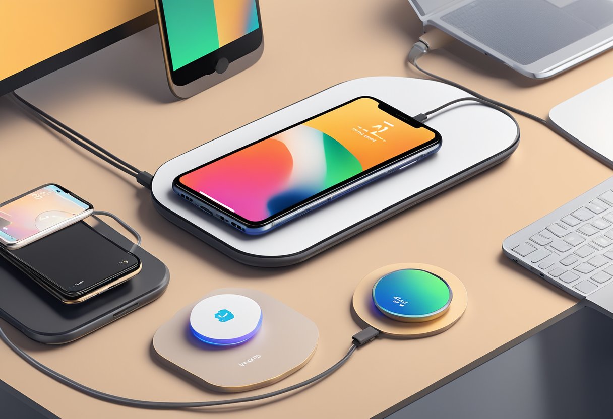 A wireless charger with a custom FAQ design sits on a desk, surrounded by various electronic devices