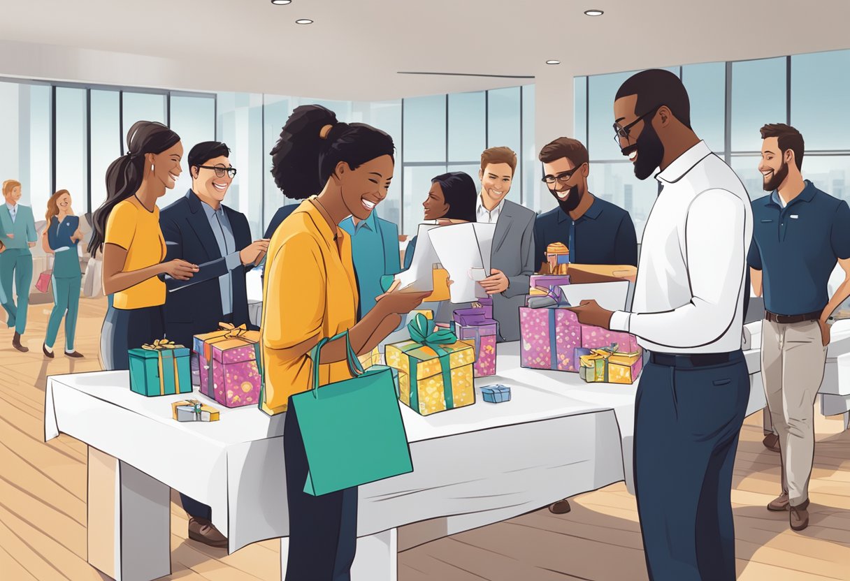 A group of employees receiving branded gifts at a company event, smiling and chatting. Gifts are displayed on a table with the company logo
