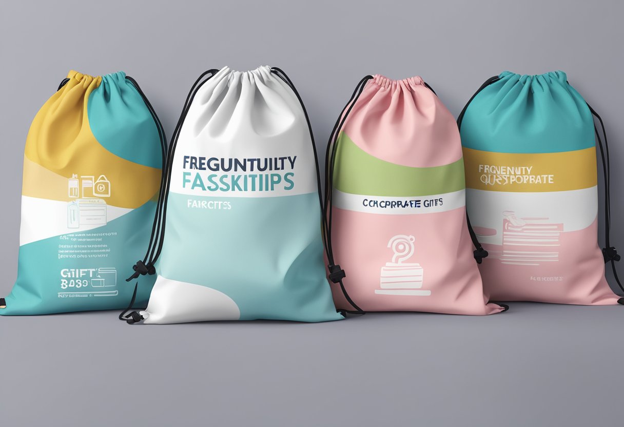 A stack of drawstring bags with "Frequently Asked Questions corporate gifts" printed on them