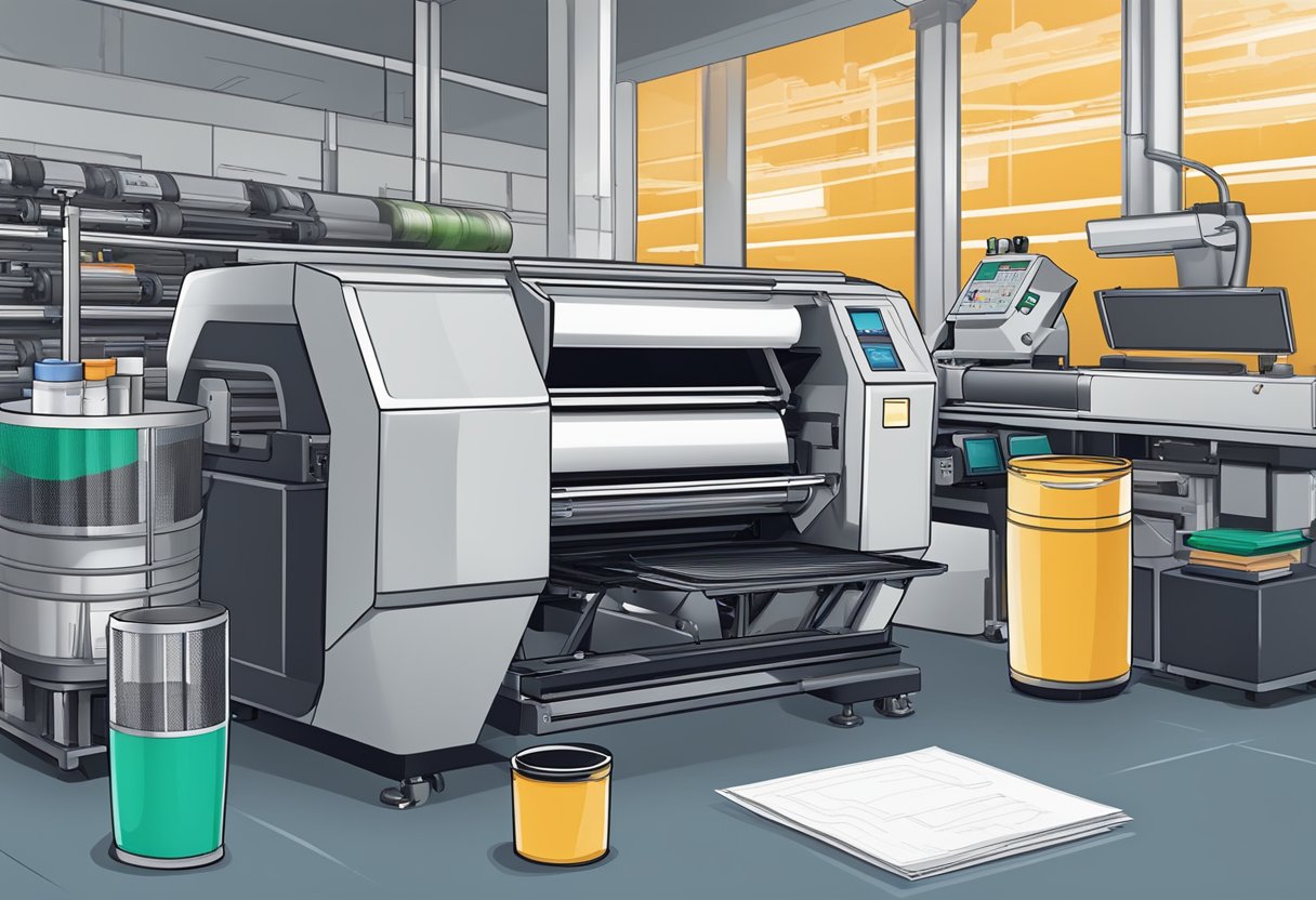 A tumbler being printed with a custom design, surrounded by printing equipment and materials