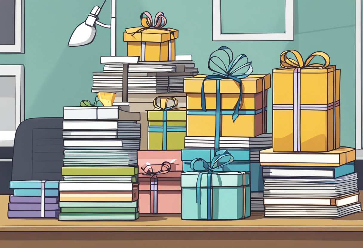 A stack of gift boxes labeled "Corporate Gifts for Interns" surrounded by office supplies and a sign with FAQs