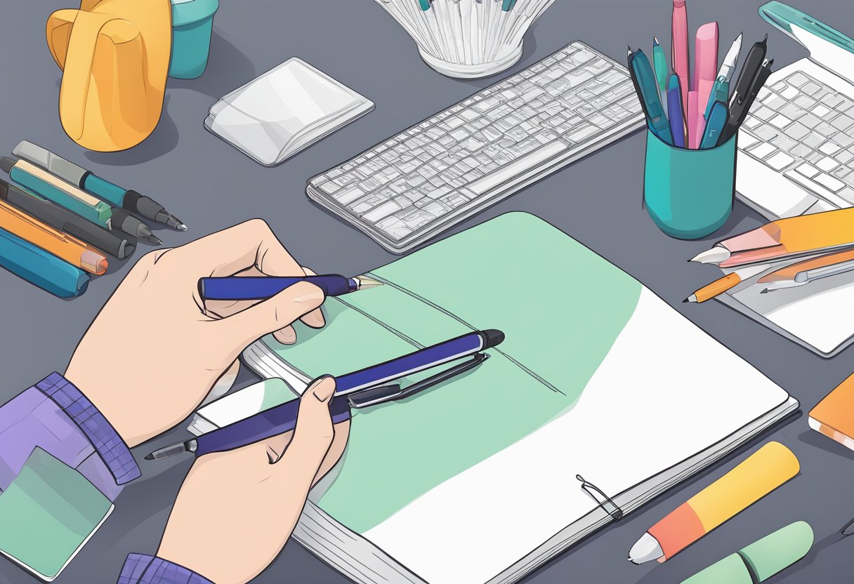 A hand holding a pen customizing a notebook with personalized details