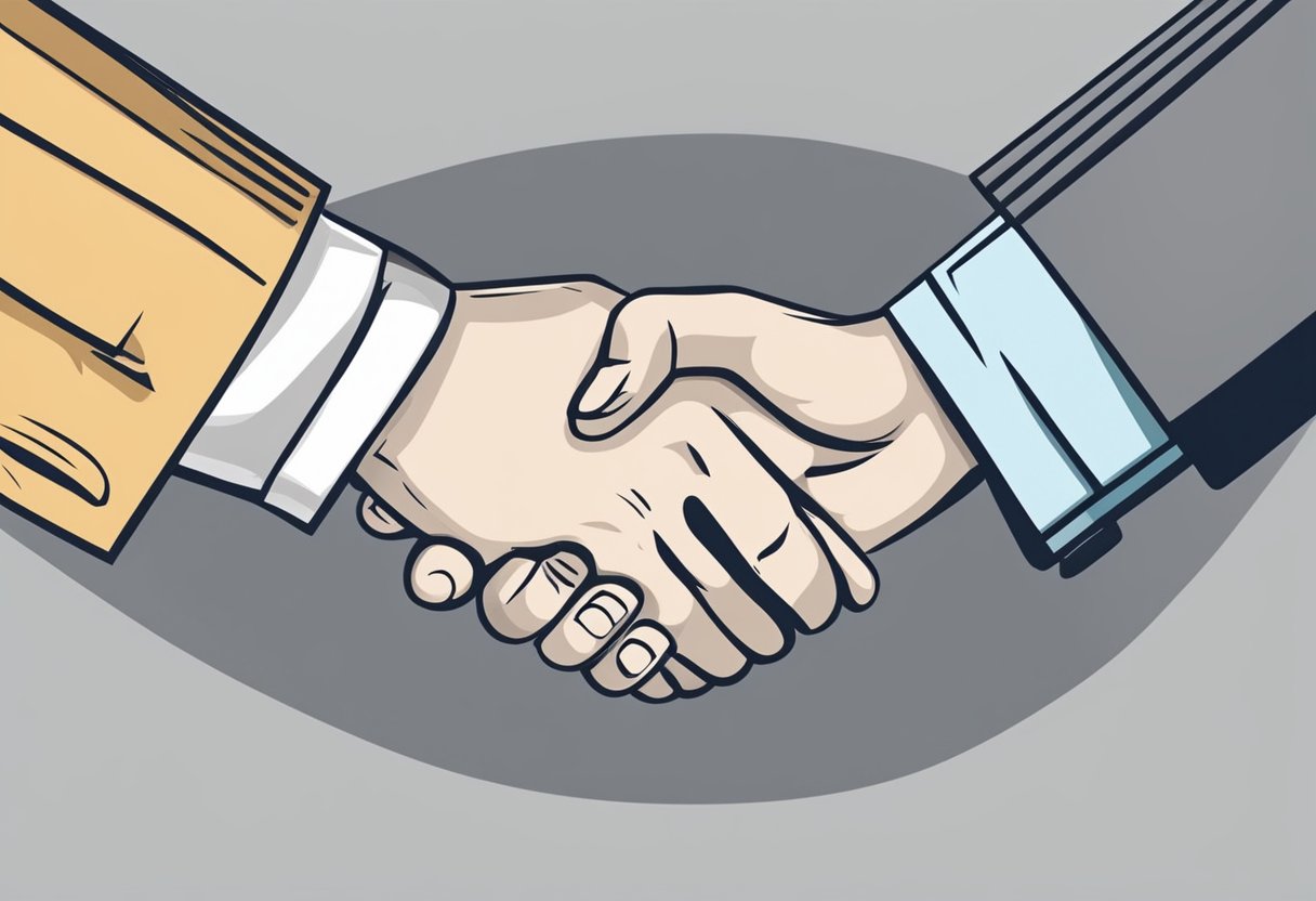 A handshake between two business partners exchanging corporate gifts
