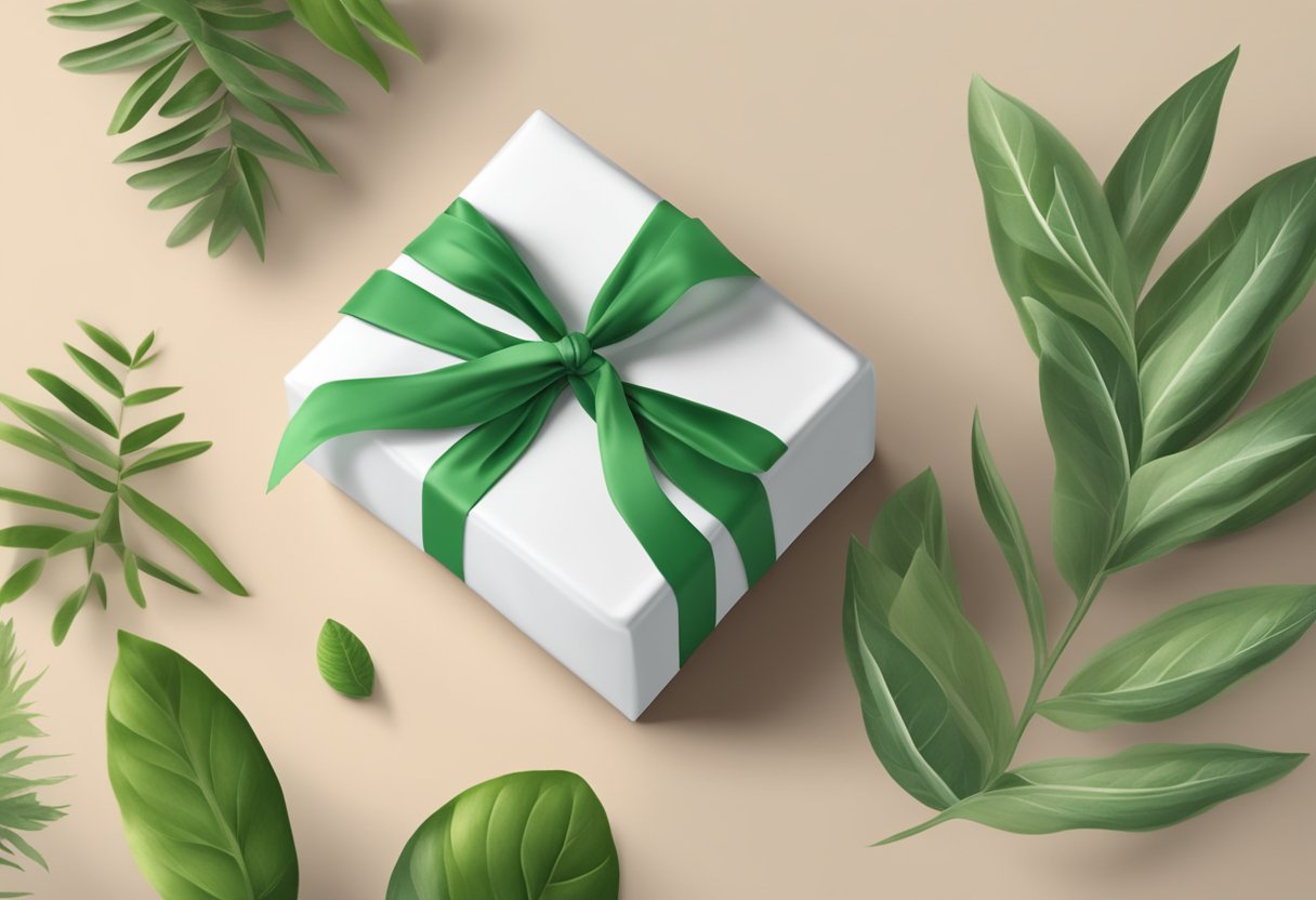 A beautifully wrapped sustainable soap gift box sits on a wooden table with a green plant in the background