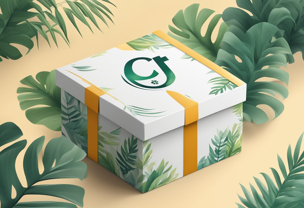A corporate logo on a sleek gift box, surrounded by flourishing plants and a rising graph, symbolizing brand image and growth