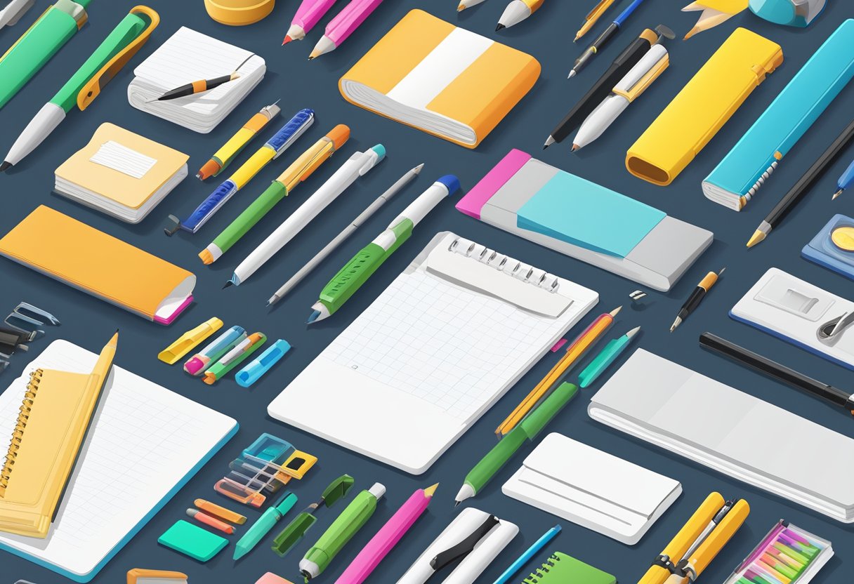 Stationery items arranged neatly on a desk, with a variety of customizable options displayed. Pens, notebooks, and stickers are prominently featured