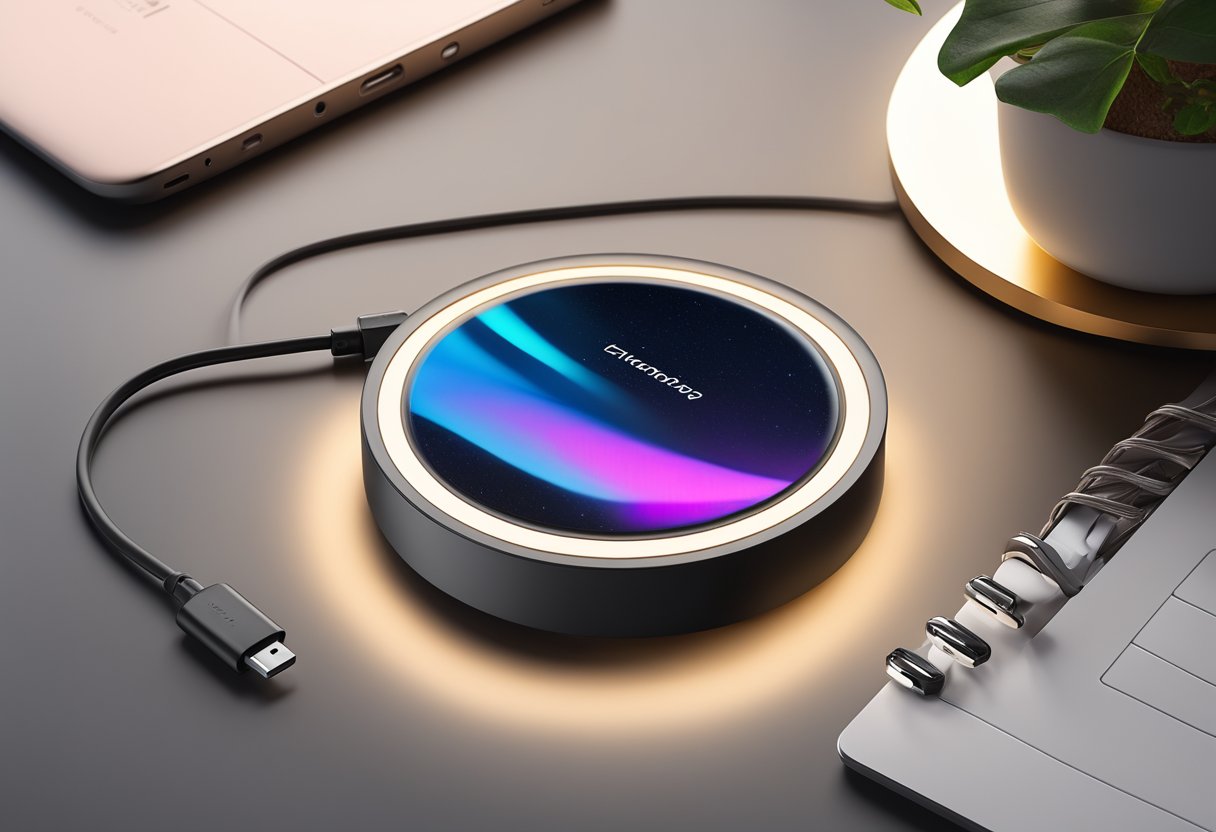 A sleek, modern wireless charger sits on a desk, with a personalized design on its surface. It glows softly as it charges a nearby device