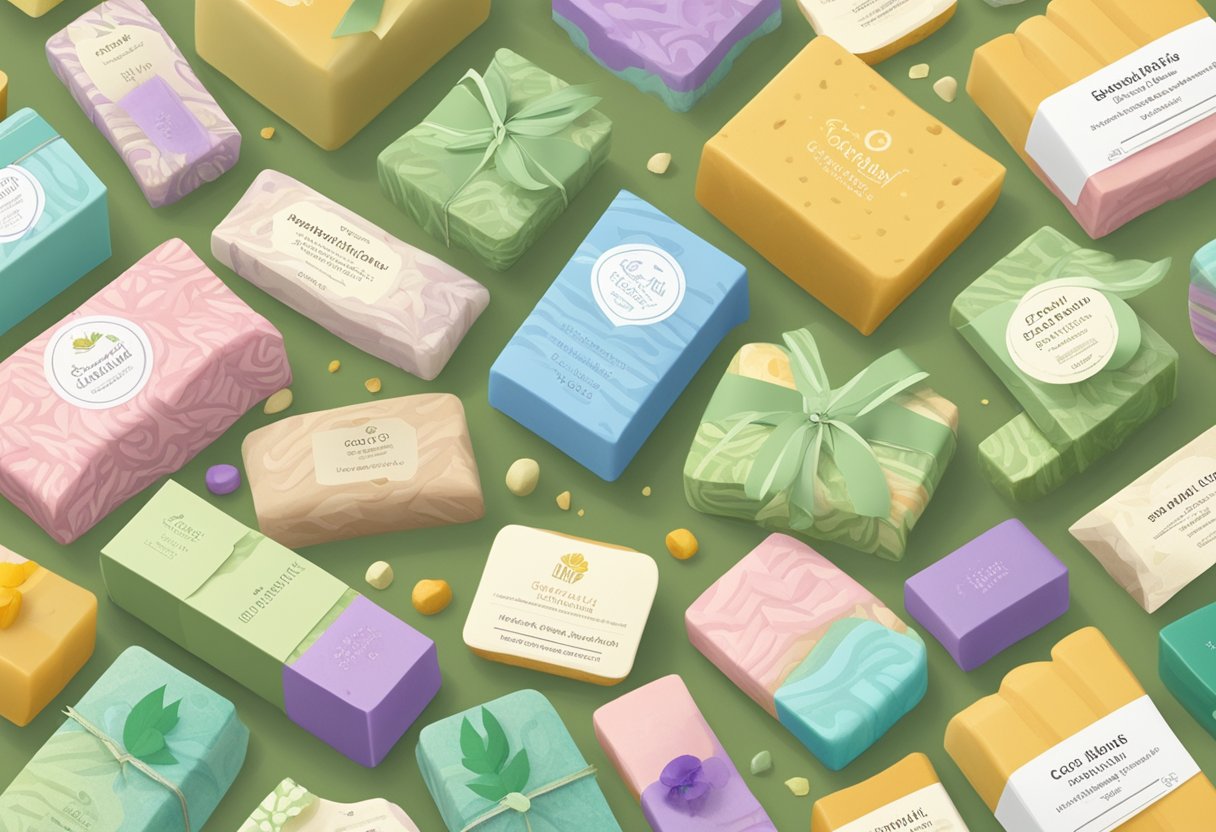A colorful array of sustainable soap bars arranged in a gift basket, accompanied by a tag highlighting the benefits of eco-friendly ingredients