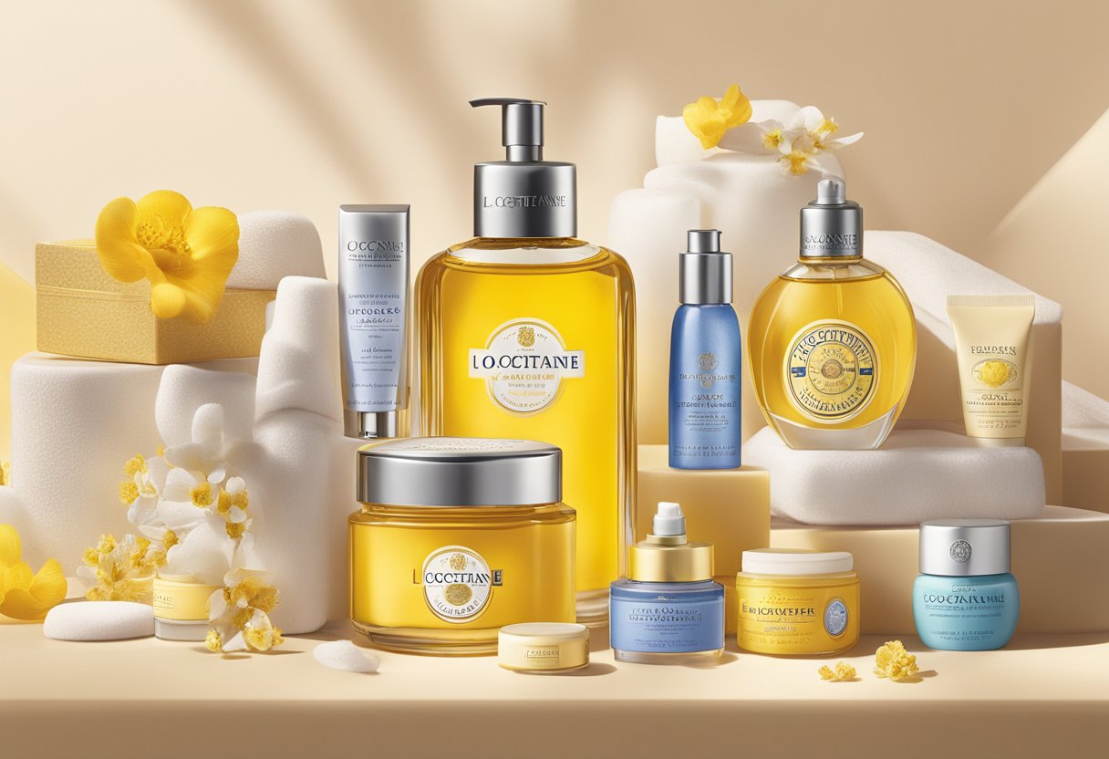 A table adorned with l'occitane corporate gifts, including beautifully packaged skincare products, fragrances, and luxurious bath and body items