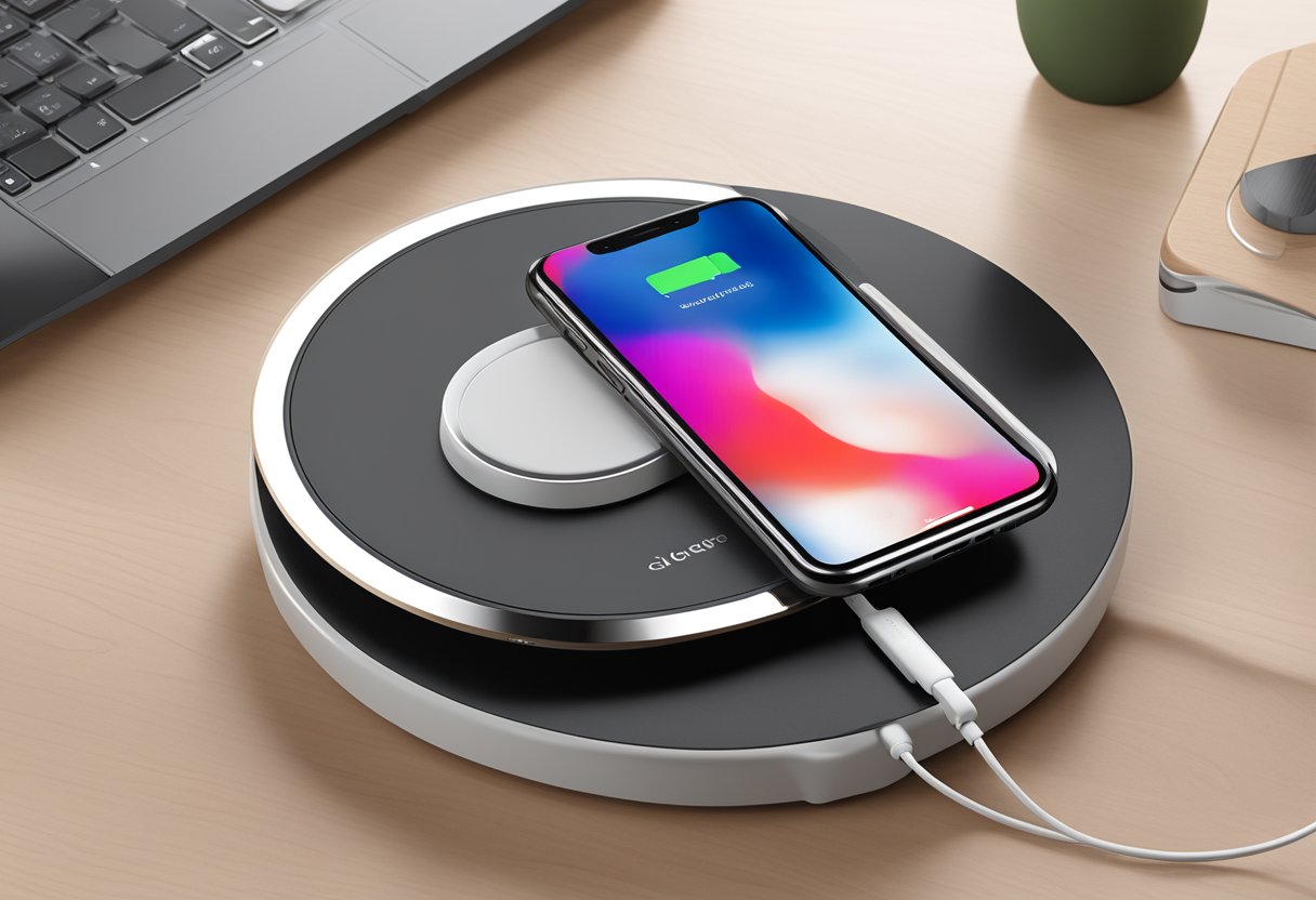 A sleek, modern wireless charger sits on a clean, uncluttered desk. The charger is adorned with a personalized design, adding a touch of individuality to the otherwise minimalist scene