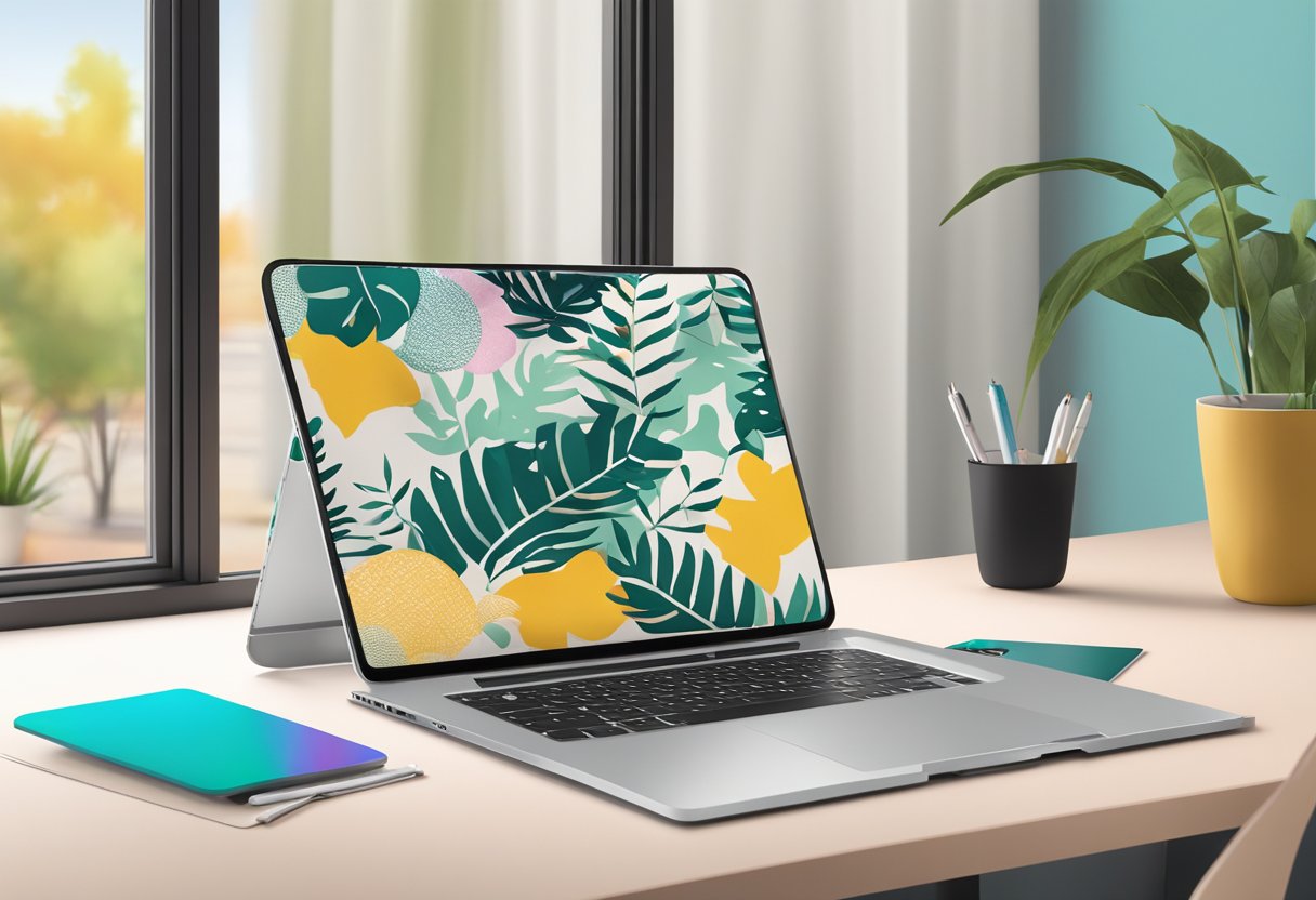 A laptop sleeve lies open on a table, with customizable design options displayed on a screen. Various patterns and colors are shown