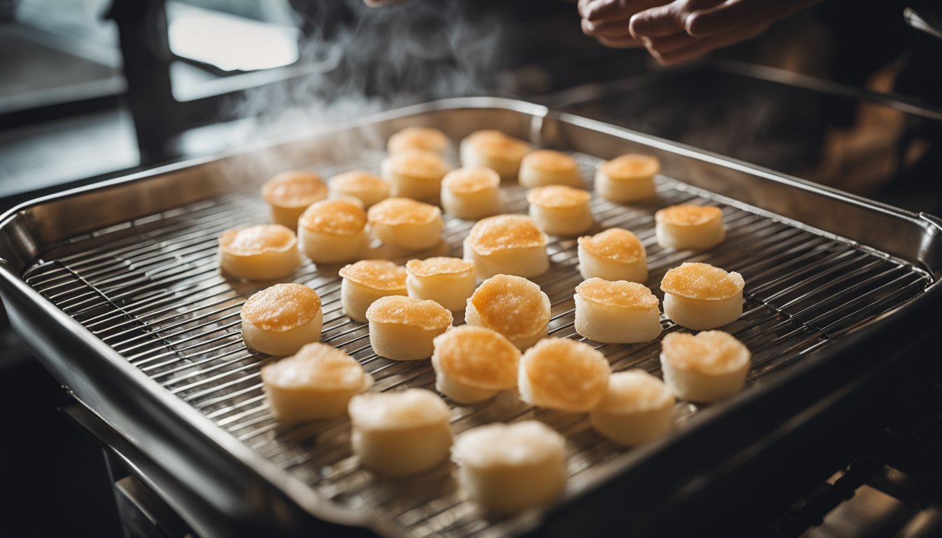 Prawn crackers baking in a hot oven, steam rising, with a storage container nearby