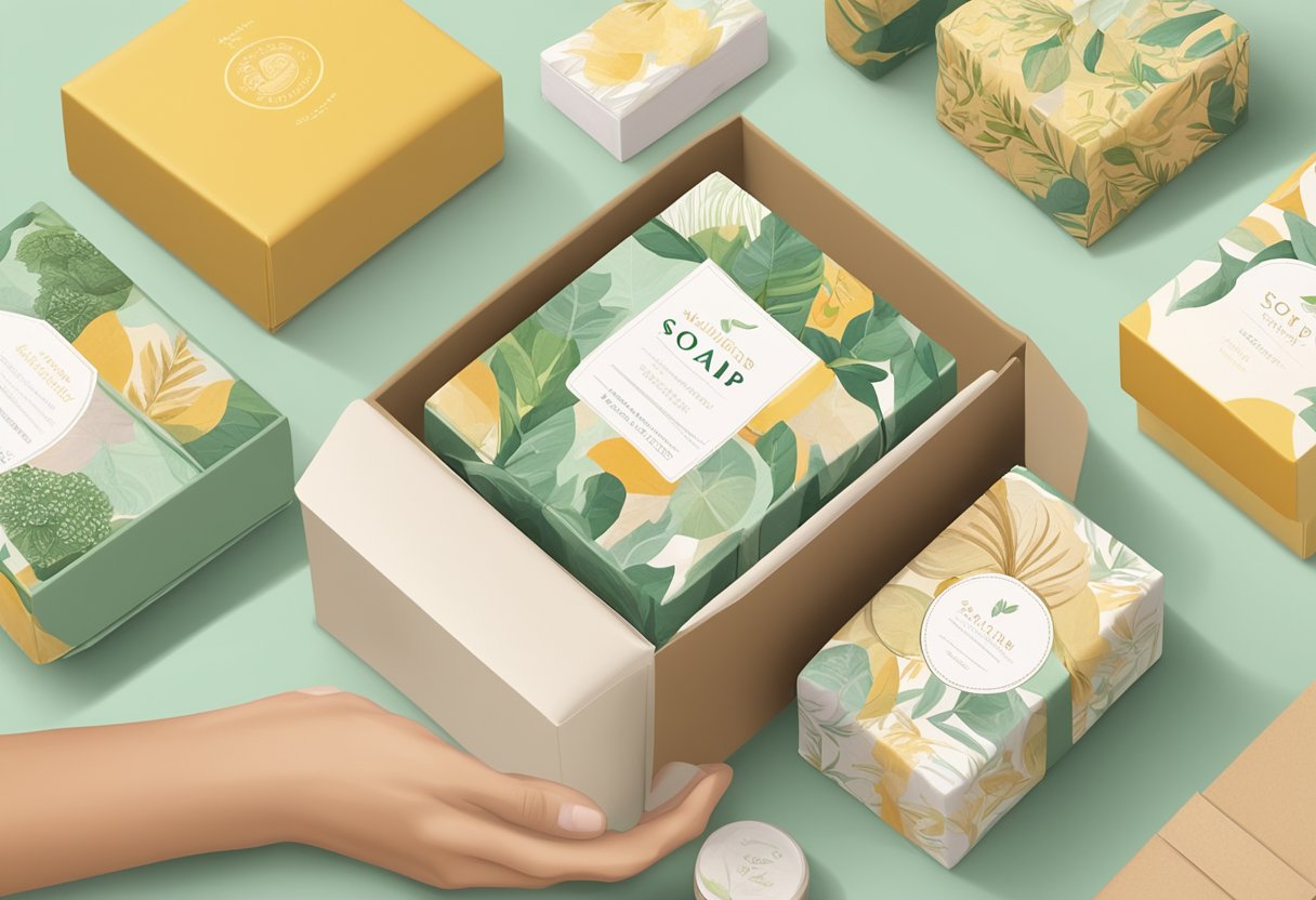 A hand reaches for a sustainable soap gift box among various options, showcasing eco-friendly packaging and natural ingredients