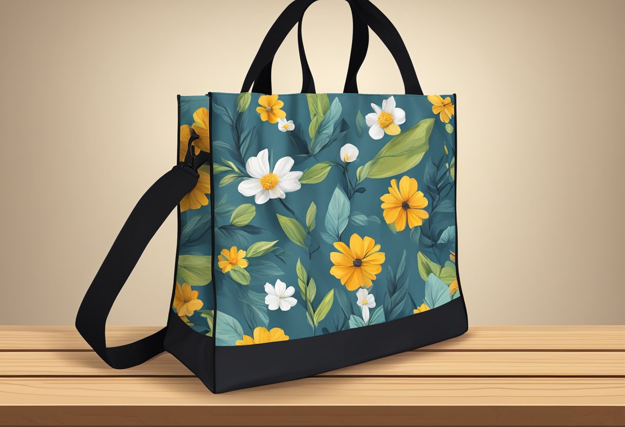 A thick tote bag sits on a wooden table, its sturdy straps and durable fabric are visible