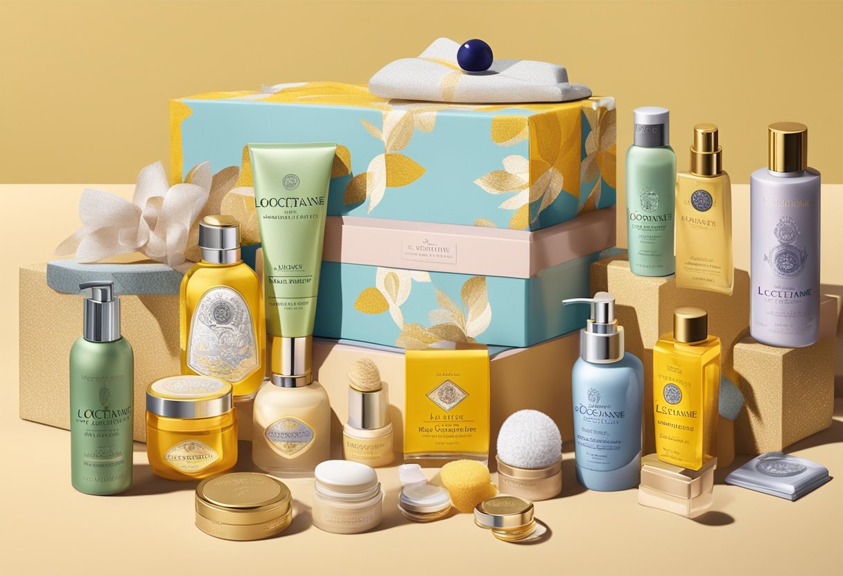 A beautifully wrapped gift box with the L'Occitane logo, surrounded by various luxurious skincare and beauty products