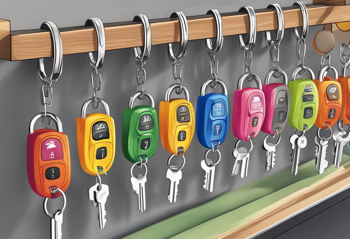 Colorful key chains arranged on a display stand at a souvenir shop