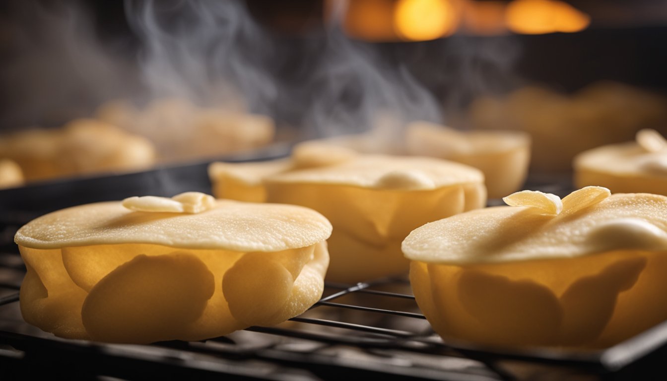 Prawn crackers baking in a hot oven, golden and crispy. Steam rising as they cook. A timer ticking down