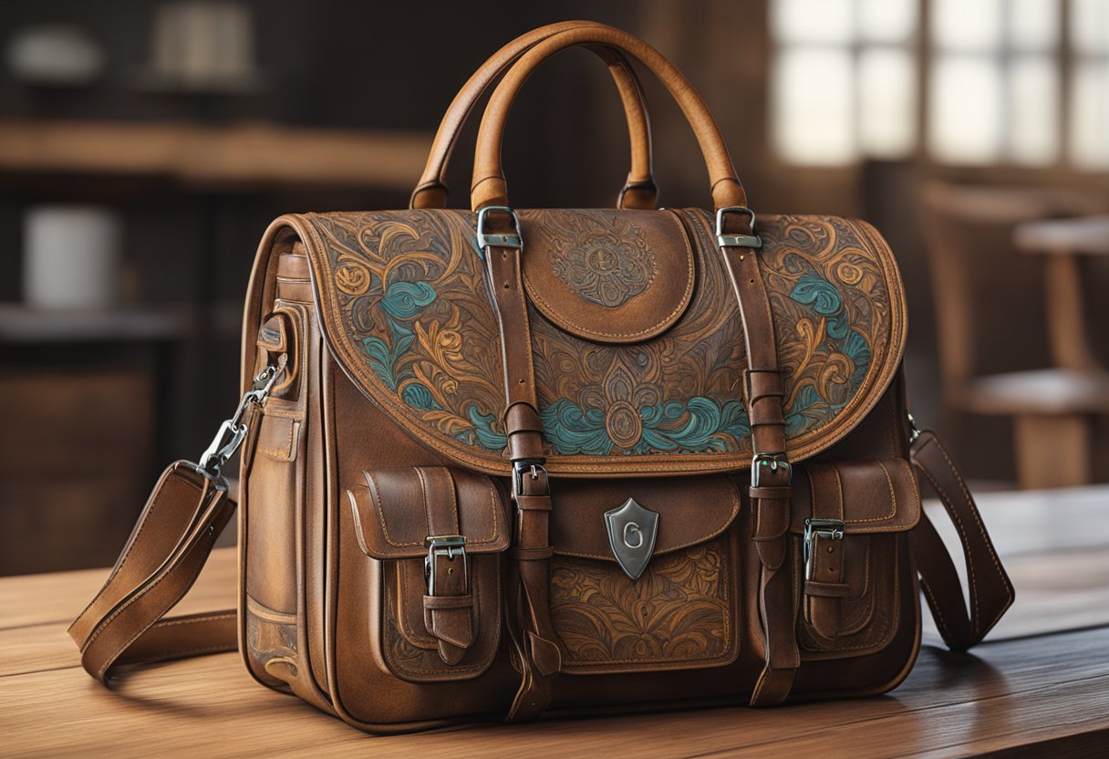 A customised leather bag sits on a rustic wooden table, adorned with intricate stitching and personalized initials