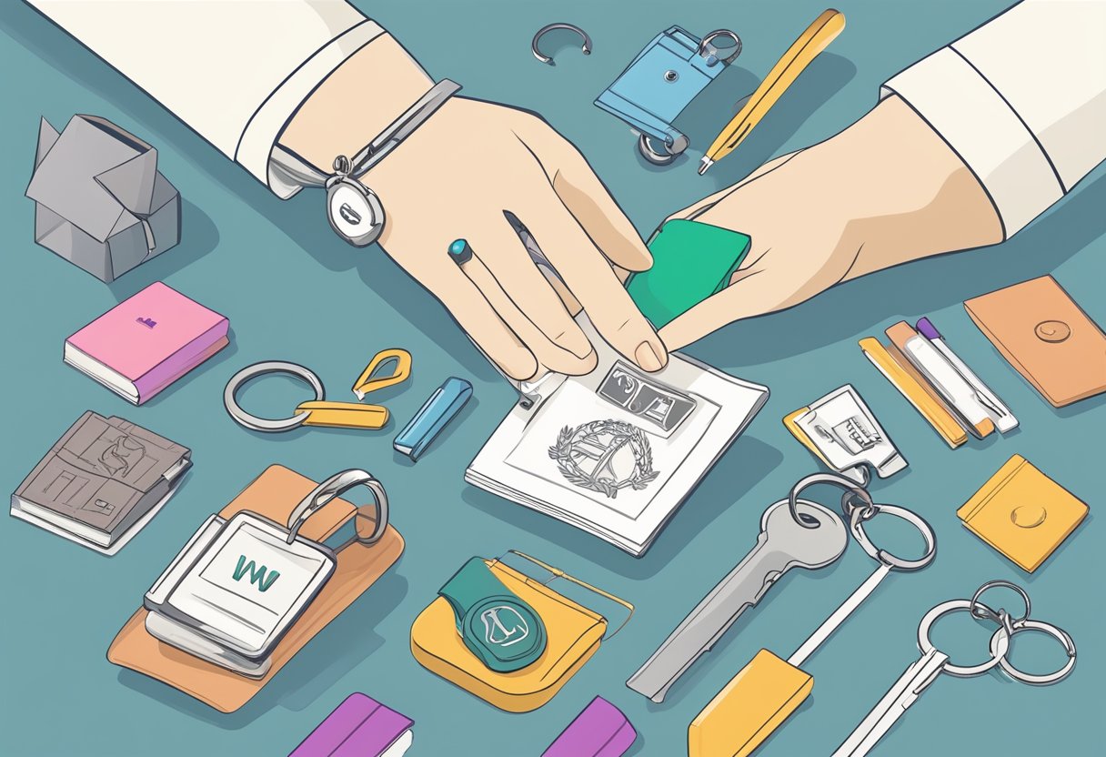 A hand holding a blank keychain, surrounded by various design elements like initials, symbols, and colors