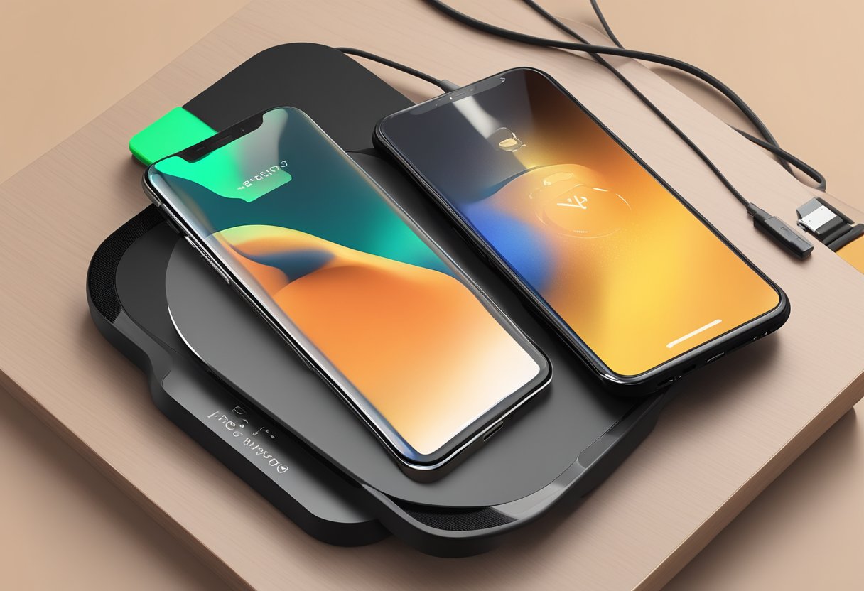 A smartphone placed on a sleek, modern wireless charger with personalized engraving, surrounded by compatible devices and accessories
