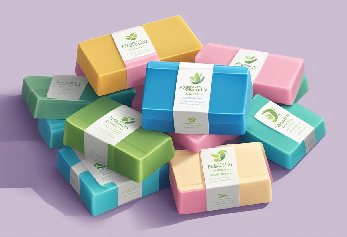 A stack of eco-friendly soap bars with a "Frequently Asked Questions" sign, surrounded by corporate gift packaging