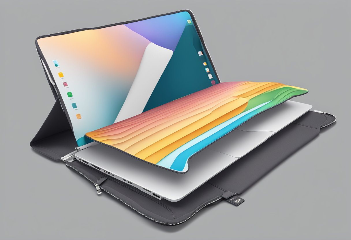 A laptop sleeve lays open on a table, with customizable design options displayed on a computer screen nearby