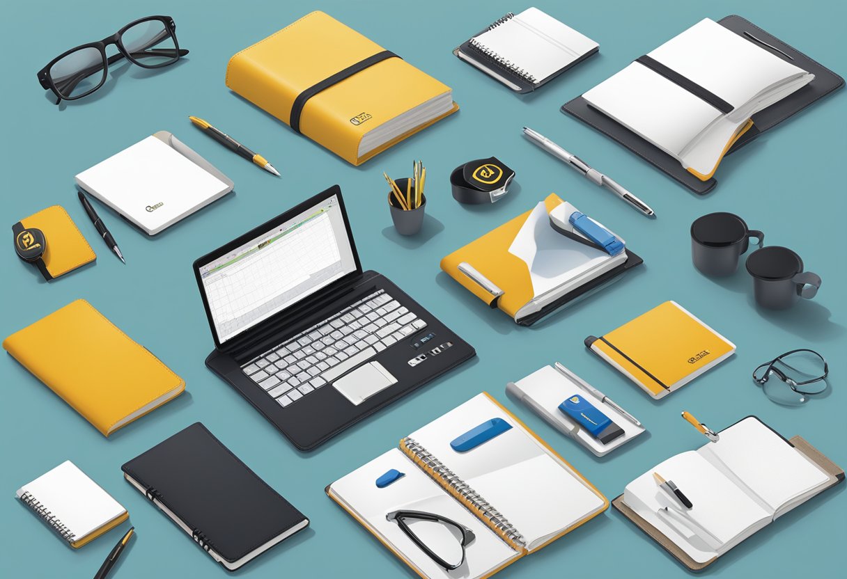 A table displays a variety of customised corporate gifts, including branded pens, notebooks, and tech accessories. The company's logo is prominently featured on each item