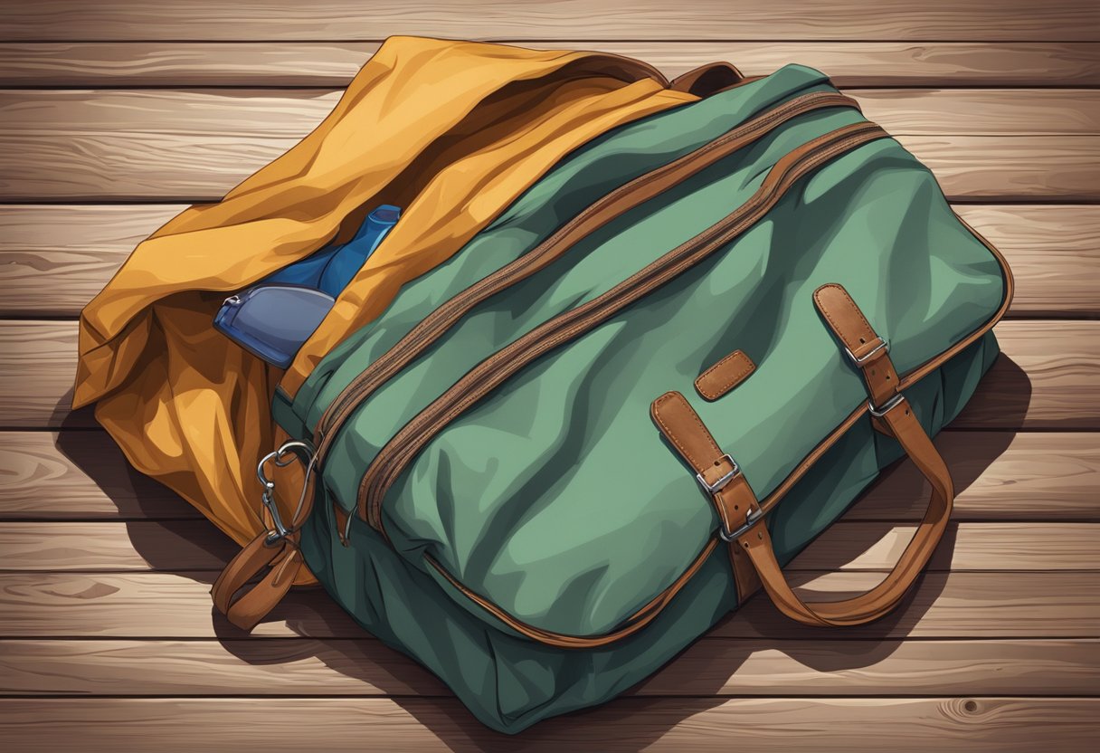A thick tote bag lies on a rustic wooden table, its sturdy straps and durable material visible. The bag is filled with various items, showcasing its spaciousness and strength