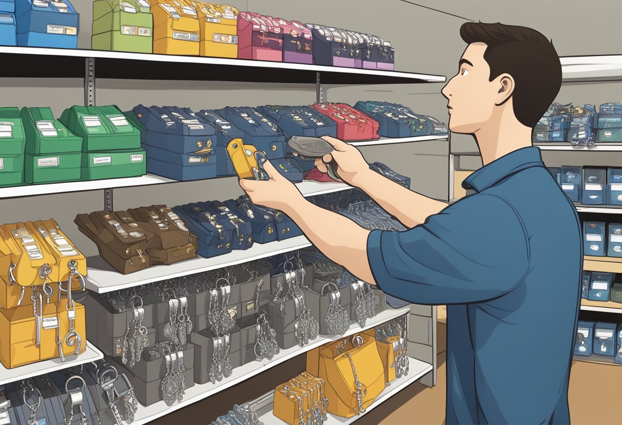 A hand reaches for a custom keychain on a display rack, surrounded by shelves of packaged keychains ready for distribution