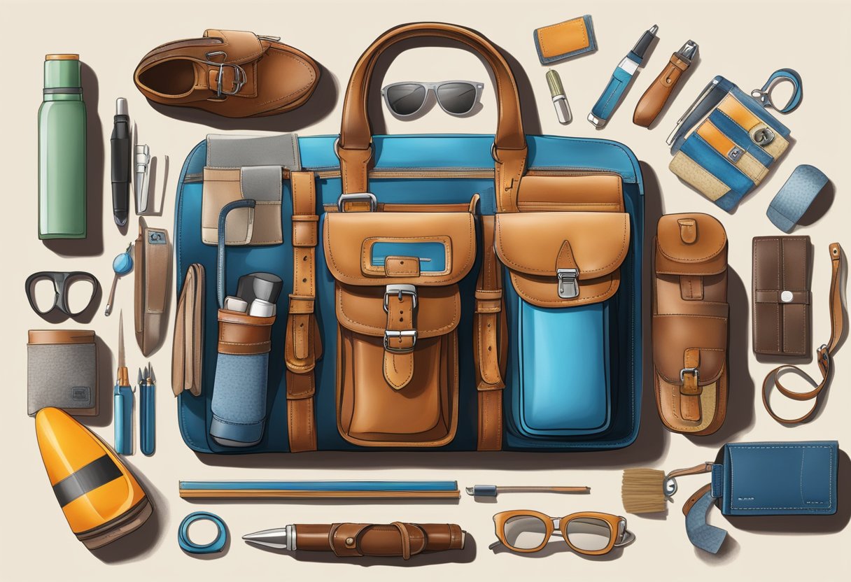 A customised leather bag with essential items neatly arranged inside