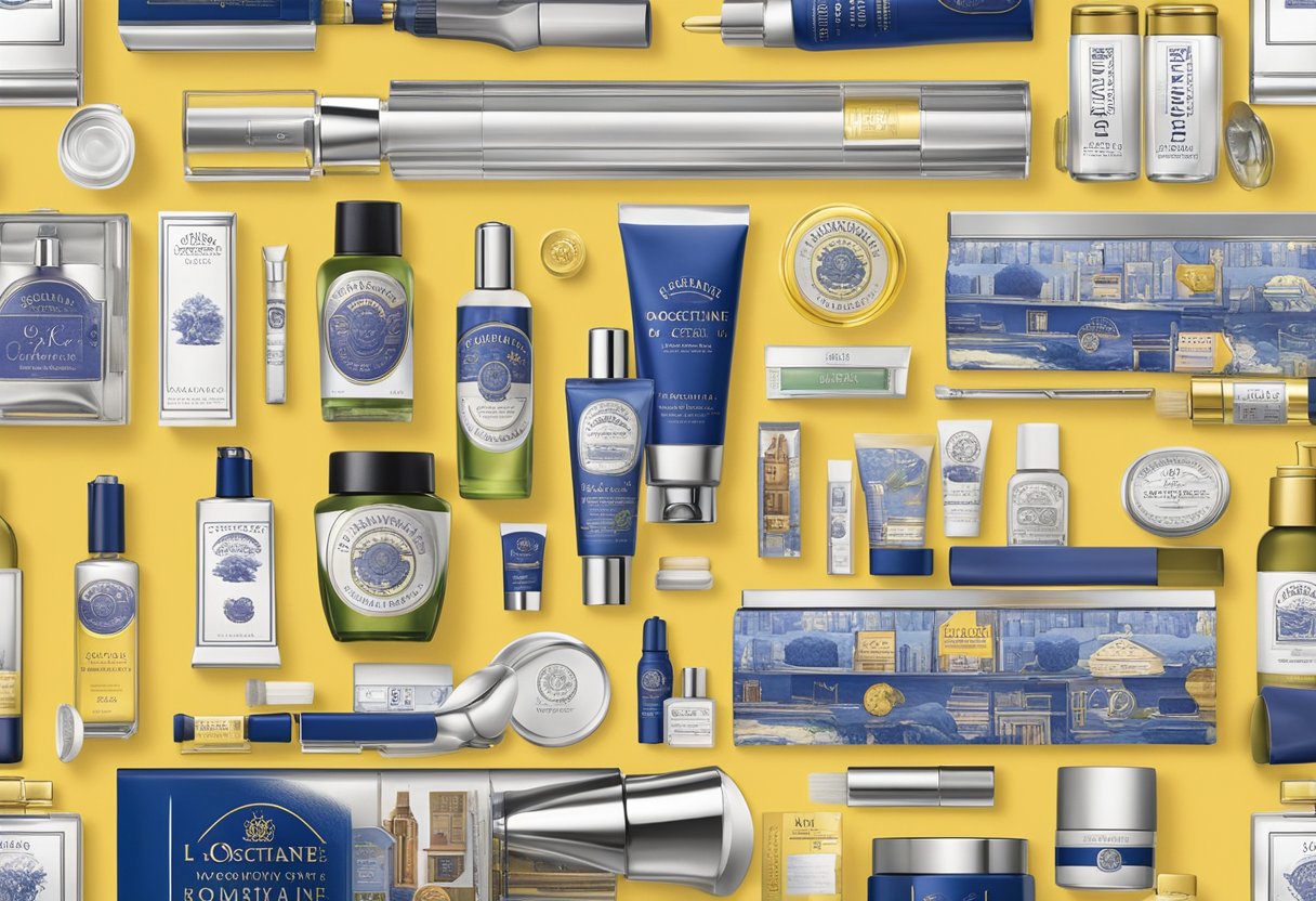 A table with various corporate gift options from L'Occitane, including branded products and packaging, displayed in a professional and organized manner