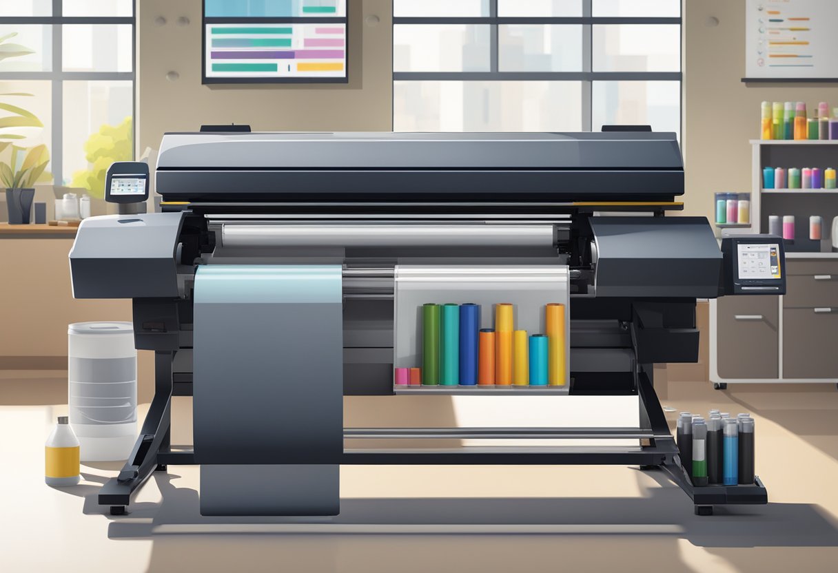 A tumbler sits on a printing machine, with ink cartridges and a digital control panel nearby. The machine is in a well-lit workspace, surrounded by other printing equipment and supplies