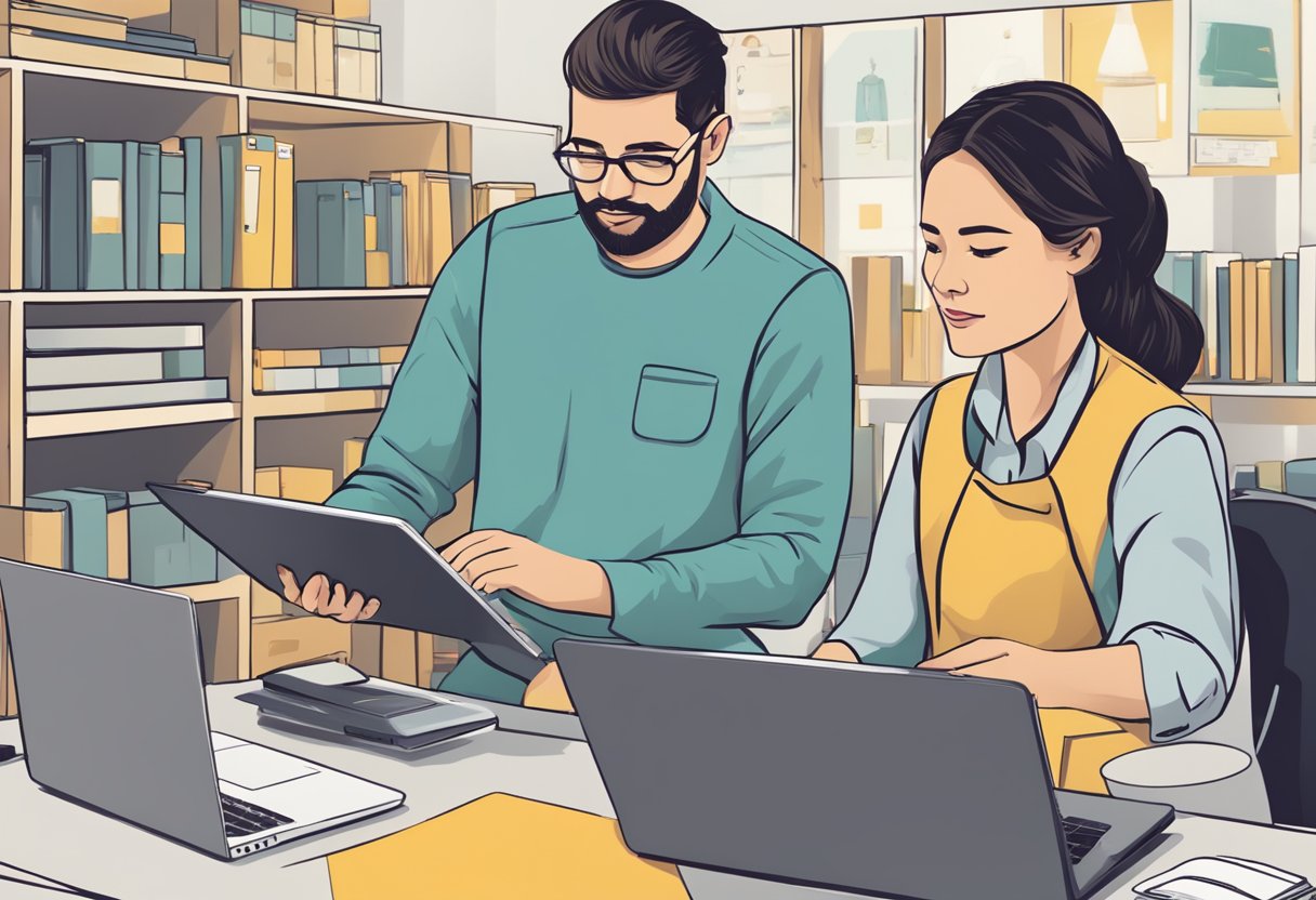 A customer selecting a custom laptop sleeve while a seller assists