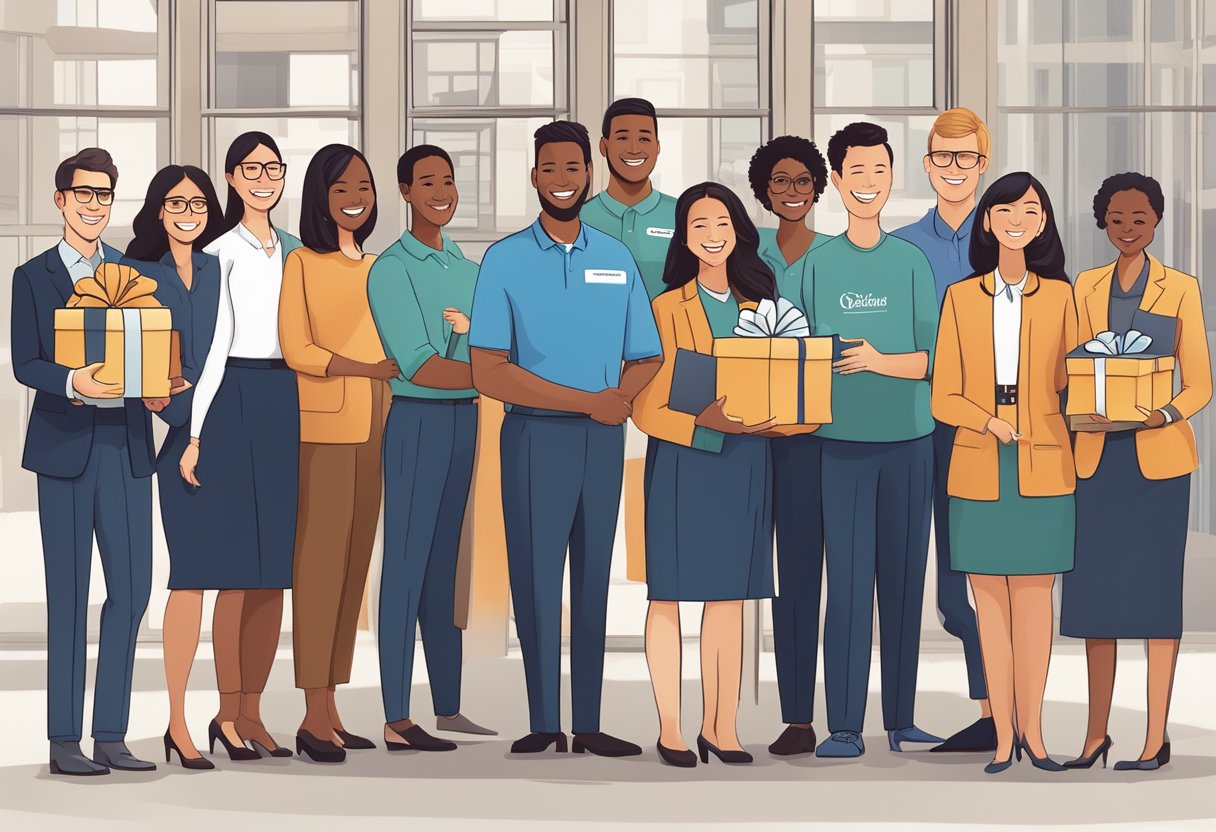 A group of employees receiving personalized gifts with company logo and individual names, showcasing gratitude and fostering a sense of belonging