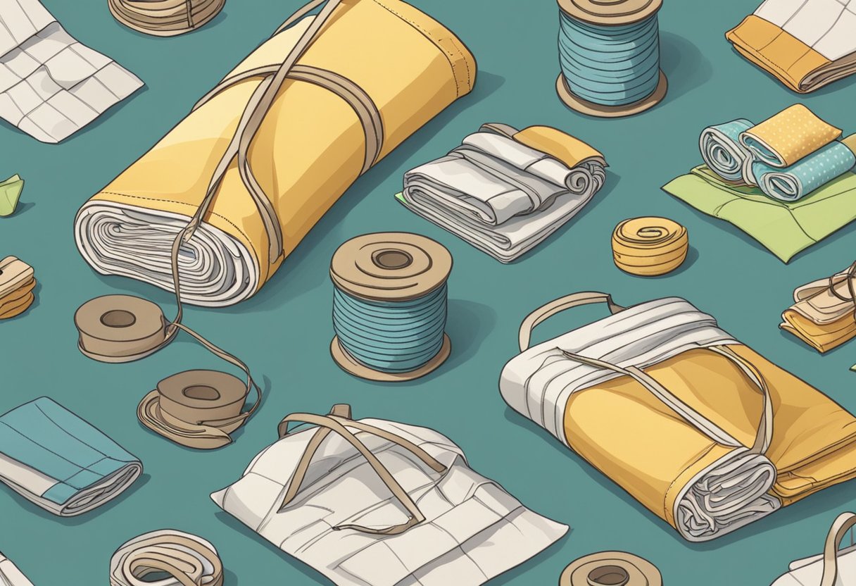 A table with various tote bag designs, rolls of fabric, and sewing equipment. Displayed bags show different sizes, colors, and patterns