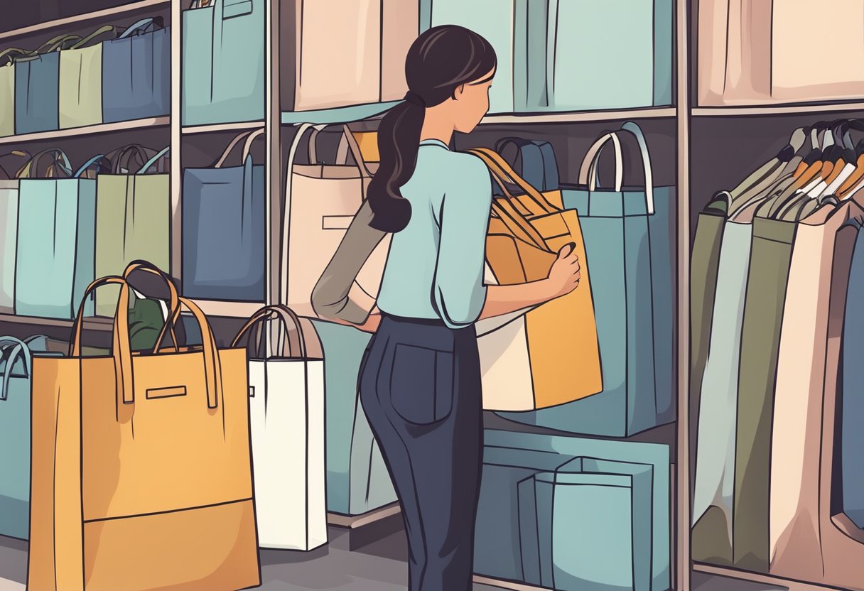 A person selects a sturdy, thick tote bag from a display of various bags in a store