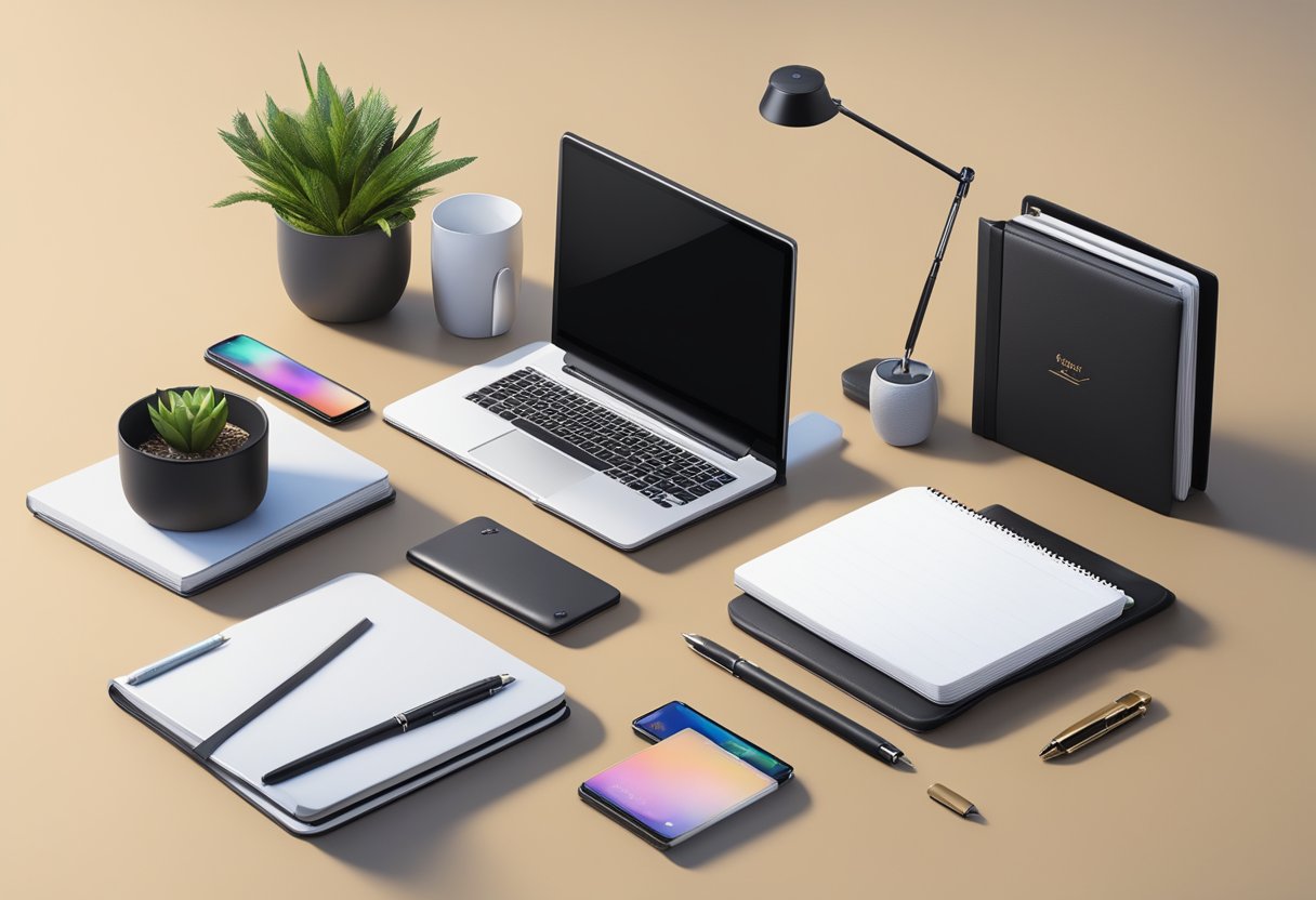 A sleek, modern office desk adorned with luxury pens, leather-bound notebooks, and elegant tech gadgets. A branded gift basket sits nearby