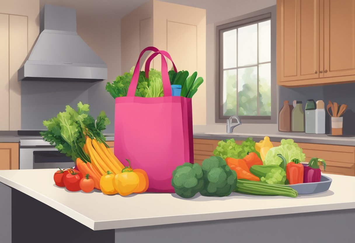 A colorful reusable bag sits on a countertop, filled with groceries